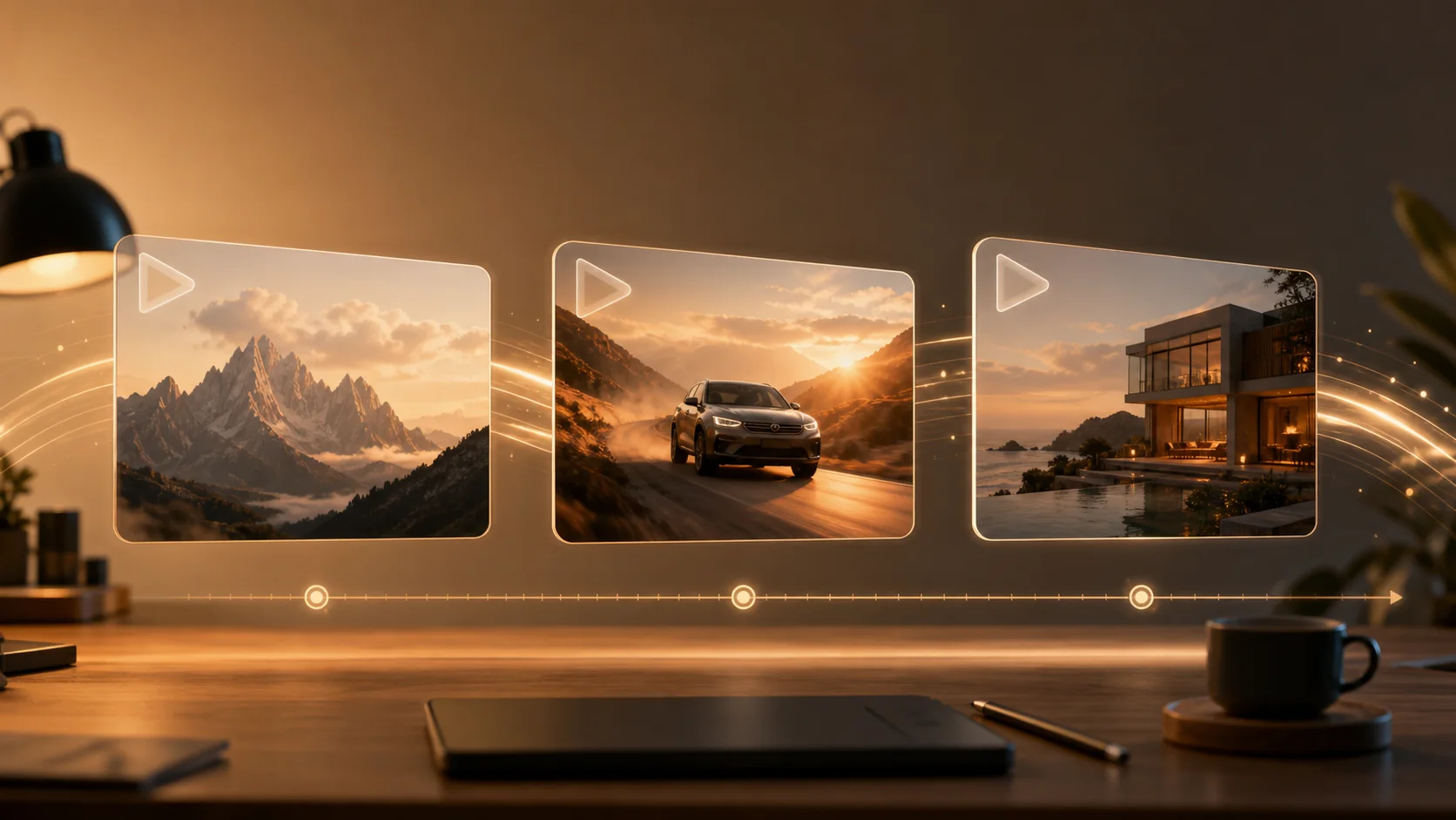 Cinematic AI video generator concept with three glowing storyboard frames